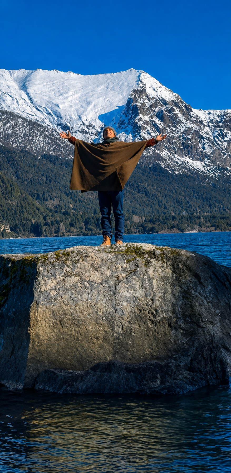 Lubin standing on a rock with his arms open in front of a snowy mountain and lake